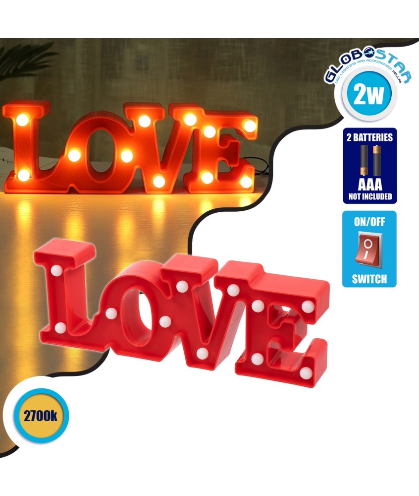 GLOBOSTAR® LOVE BOMBING 76548 Μοντέρνο Επιτραπέζιο Φωτιστικό Πορτατίφ LED 2W 120lm 180° DC 3V με Μπαταρίες 2xAAA IP20 Θερμό Λευκό 2700K - Κόκκινο - Μ30 x Π10.7 x Υ4cm - 2 Χρόνια Εγγύηση